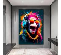 JACBON Street Pop Art Animaux amusants Singes portant des écouteurs Affiches Impressions Poignées de jeu Peinture sur toile Art mural pour la décoration intérieure 60x90 cm sans cadre