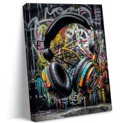 JACBON Tableau de musique rétro, peinture pop art moderne, graffiti, affiche murale abstraite avec casque de DJ urbain, 65 x 130 cm (26 x 51 pouces), cadre interne