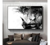 JACBON Tableau mural abstrait sur toile, peinture artistique, visage féminin en noir et blanc, affiches d'art mural imprimées pour décoration de salon, 60 x 90 cm (24 x 35 pouces) avec bordure noire