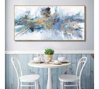 JACBON Tableau sur toile encadré, prêt à accrocher, art mural, peintures fantastiques modernes, bleu marine, jaune, art mural abstrait, impression 70 x 140 cm (28 x 55 pouces), avec cadre doré