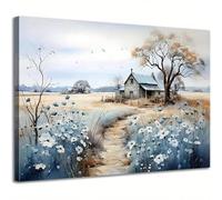JACBON Toile murale rustique avec motif de ferme, magnifique tableau de champ, impression de grange avec fleurs sauvages, paysage naturel, décoration murale, 40 x 60 cm, cadre interne