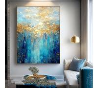 JACBON Toiles décoratives abstraites bleu foncé et doré brillant, 60 x 90 cm, avec cadre doré.