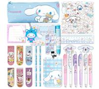 Jachneon Cinnamoroll Ensemble de fournitures scolaires mignonnes avec trousse à crayons, stylo à bille, gomme, règle, porte-badge, autocollants et porte-clés