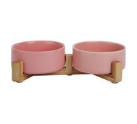 JACK AND VANILLA, Gamelle Double en Céramique avec Support en Bambou, Design Élégant et Antidérapant, Capacité 2x400 ML, Couleur Rose, Idéale pour Chiens et Chats, Modèle Bon Appetit