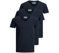 Jack & Jones Lot de 3 t-shirts basiques à col en V pour homme, Couleur unie, Coupe slim, en blanc, noir, bleu, gris, bleu, L