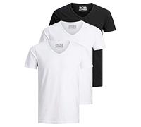 Jack & Jones Lot de 3 t-shirts basiques à col en V pour homme, Couleur unie, Coupe slim, en blanc, noir, bleu, gris