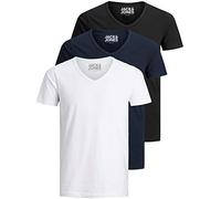 Jack & Jones Lot de 3 t-shirts basiques à col en V pour homme, Couleur unie, Coupe slim, en blanc, noir, bleu, gris, M