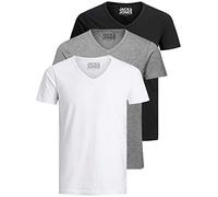 Jack & Jones Lot de 3 t-shirts basiques à col en V pour homme, Couleur unie, Coupe slim, en blanc, noir, bleu, gris, S