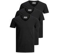 Jack & Jones Lot de 3 t-shirts basiques à col en V pour homme, Couleur unie, Coupe slim, en blanc, noir, bleu, gris, Noir , S