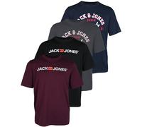 JACK & JONES Lot de 4 t-shirts pour homme avec différents logos imprimés en coton, lot de 4 (1 noir, 1 port royal, 1 blazer bleu marine, 1 asphalte)), S