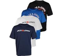 JACK & JONES Lot de 4 t-shirts pour homme avec différents logos imprimés en coton, lot de 4 (1 noir, 1 port royal, 1 blazer bleu marine, 1 asphalte), XXL