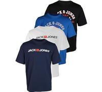 JACK & JONES Lot de 4 t-shirts pour homme avec différents logos imprimés en coton, Lot de 4 (1 x noir, 1 x blanc, 1 x bleu français, 1 x blazer marine), L