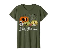 Jack-O-Lantern Chemise Motif Citrouille Inscription Happy Halloween T-Shirt, Femme, Olive, S