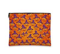 Jack-o'-Lantern Toile avec fermeture éclair, chapeaux de sorcières festifs ludiques, visages émoticônes heureux, toile orange avec fermeture éclair, trousse de maquillage pour voyage, salle de bain