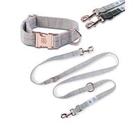 Jack & Russell Tweed Ensemble laisse pour chien 2 m + collier avec mousqueton en or rose - Laisse élégante réglable plusieurs positions (S/M, gris chiné)