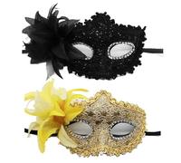 JACKANNA Lot de 2 masques vénitiens avec strass - Élégants - Pour homme et femme pour le carnaval, Halloween et les bals masqués (noir + jaune, 2 pièces)