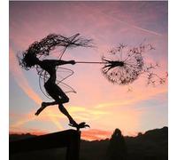 JACKANNA Silhouette de jardin, fée et pissenlit, sculpture, sculpture, fée de jardin, décoration d'elfe de jardin avec motif pissenlit, décoration de jardin en métal (5)