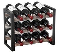 Jackcube MK521A Étagère à vin autonome à 3 étages empilable pour 12 bouteilles de vin sur le plan de travail, étagère à liqueur en bois rustique et cadre en métal noir