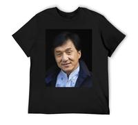 Jackie Chan T-shirt à manches courtes en coton résistant et épais pour toute l'année, Noir , XL