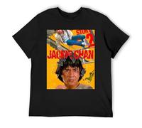 Jackie Chan T-shirt en coton épais à manches courtes et col rond pour homme avec coutures renforcées pour un usage quotidien durable, Noir , L