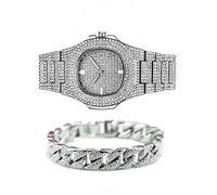 Jacklin-F Unisexe Bling-Ed Out Montre de Diamant pour Homme, Montre Hip Hop avec Correspondant cubain glacé 20,87 "/ 20cm Bracelet Argent Cubain en Stock