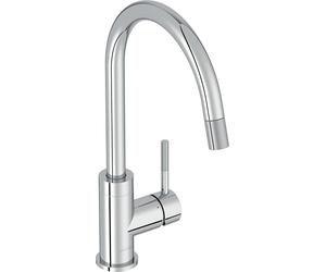 Jacob Delafon Mitigeur Évier de Cuisine Edgar, Bec Haut, Douchette, Chrome | Bec 26cm pivotant. Débit 7 L/min. Ouverture eau froide. Cartouche céramique