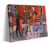 Jacob Lawrence 1943 Impression de peinture de scène de rue - Art mural de la Renaissance de Harlem avec figurines et vie urbaine - Décoration murale sur toile - Cadre décoratif pour maison - 20,3 x