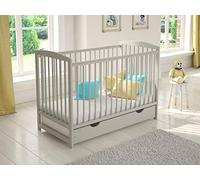 Jacob Lit en bois avec tiroir, matelas et alèse, barrière de sécurité et gaine de protection, 120 x 60 cm, gris