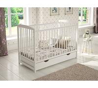 Jacob Lit en bois avec tiroir, matelas et alèse, barrière de sécurité et gaine de protection, 120 x 60 cm, blanc