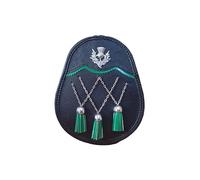 Jacobite Sporran en cuir noir avec chaîne Zik Zak et 3 pompons verts avec ceinture réglable en cuir et métal