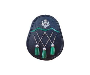 Jacobite Sporran en cuir noir avec chaîne Zik Zak et 3 pompons verts avec ceinture réglable en cuir et métal