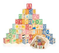 jacootoys 36 PCS Blocs de Bois ABC Jeux de Construction Très Grand Lettres et numéros de l'alphabet Jouets Éducatifs pour Enfants 4x4 cm