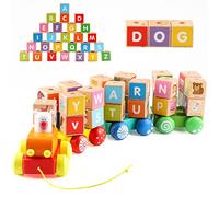 jacootoys Camion de Jouet en Blocs en Bois avec Lettres éducatives & Cubes illustrés Préscolaire Jouet pour Tout-Petits de 3 Ans, 26 Pièces