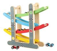 Jacootoys Piste de Course en Bois Rampe Racer avec 4 Mini Voitures Jouets pour Tout-Petits de 1 à 2 Ans Garçons Fille Cadeaux