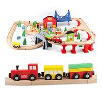 Jacootoys Train en Bois Jouet Circuit Voiture Enfants 80 Pcs Construction Ensemble Rail Voiture Jouet pour Enfant Garçons Filles 3 4 5 6 Ans