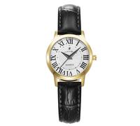 Jacques du Manoir JWL04905 Genesis Ladies Montre pour Femme en Acier Inoxydable avec Bracelet en Cuir Noir 5 Bar Cadran argenté avec Indices Romains 28 mm