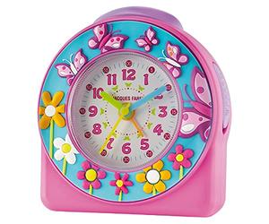 Jacques Farel ACW 69 Réveil pour enfants et petites filles, papillons et fleurs en 3D, rose/turquoise, pas de tic-tac, fonction répétition de la sonnerie, analogique, à quartz