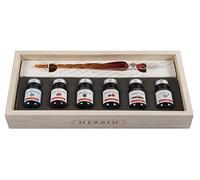 Jacques Herbin 27604T - Un coffret bois ''6 nuances d'encre'' comprenant une grande plume de verre torsadée et 6 flacons d'encre 10 ml