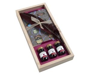 Jacques Herbin 27804T - Un coffret bois ''Essais au porte-plume'' comprenant un porte-plume doré, une plume Cito fein, un bloc uni 50 feuilles A6 et 3 flacons d'encre 10 ml couleurs assorties