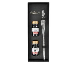 Jacques Herbin 29301T - Coffret avec 2 encres10 ml, Perle noire et Poussière de lune et une plume de verre transparente Fabriqué en France