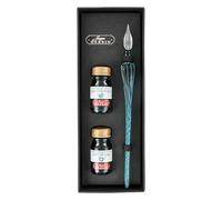 Jacques Herbin 29337T - Coffret avec 2 encres 10 ml, Vert de gris et Bleu calanque, et une plume de verre émeraude Fabriqué en France