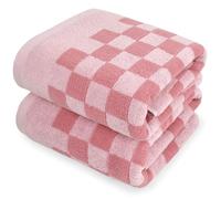 Jacquotha Lot de 2 serviettes de bain douces en coton à séchage rapide pour salle de bain, plage, piscine (carreaux roses), mignonnes et amusantes pour femmes, filles, 69,9 x 140,7 cm