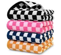 Jacquotha Lot de 4 essuie-Mains de Luxe en Coton Doux à Carreaux pour Cuisine, Salle de Bain, Noir, Rose Vif, Bleu Marine, Orange, 33 x 73 cm, pour Hommes et Femmes