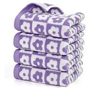 Jacquotha Lot de 4 Serviettes de Toilette en Coton - Serviettes de Salle de Bain à Carreaux Floraux, pour Un Usage Quotidien, 73,7 x 33 cm, Lilas