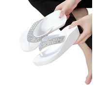 JACTZ Flip Flops Summer Slippers Rhinestones Wedges Flip Flops Womens Casual Beach Shoes Ladies Summer Beach Platform Slippers-White,38