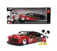 Jada Disney Vintage Mickey - Mercury 1951 - Hollywood Rides Die Cast Car Toys - Flame Design - Figurine Mickey - Édition Collector - À partir de 8 ans - Rouge/Noir