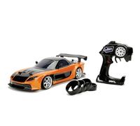 Jada Toys Fast & Furious RC Drift Mazda RX-7 Voiture télécommandée, Drift, 4 Roues motrices, 4 pneus de Rechange, Fonction de Charge USB, avec Piles Orange 1:10