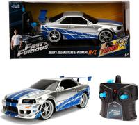 Jada Toys Fast & Furious RC Nissan Skyline GTR, R34, fonction turbo, voiture RC, voiture télécommandée avec télécommande, avant-arrière, gauche-droite, échelle 1:24, bleu/argent