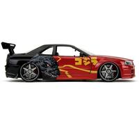 Jada Toys Godzilla Voiture Miniature Nissan Skyline GT-R (R34) 2002 - Godzilla vs Destoroyah en métal avec pièces à Ouvrir, échelle 1:24 (19 cm), pour Fans et collectionneurs à partir de 8 Ans