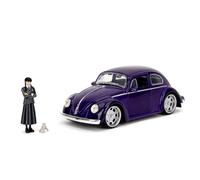 Jada Toys Wednesday Addams & VW Coccinelle 1972 - Volkswagen Beetle (19 cm) avec figurine Wednesday (7 cm) et La Chose sur le pare-chocs, article de fan de La Famille Addams en métal, à partir de 8